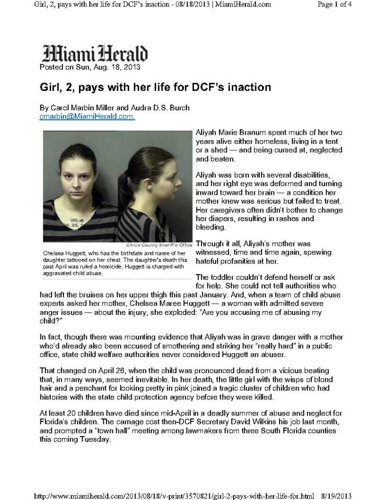 Article - Girl 2 Pays With Her Life For DCF''''''''s Inaction - Miami Herald 8-19-13_Page_1
